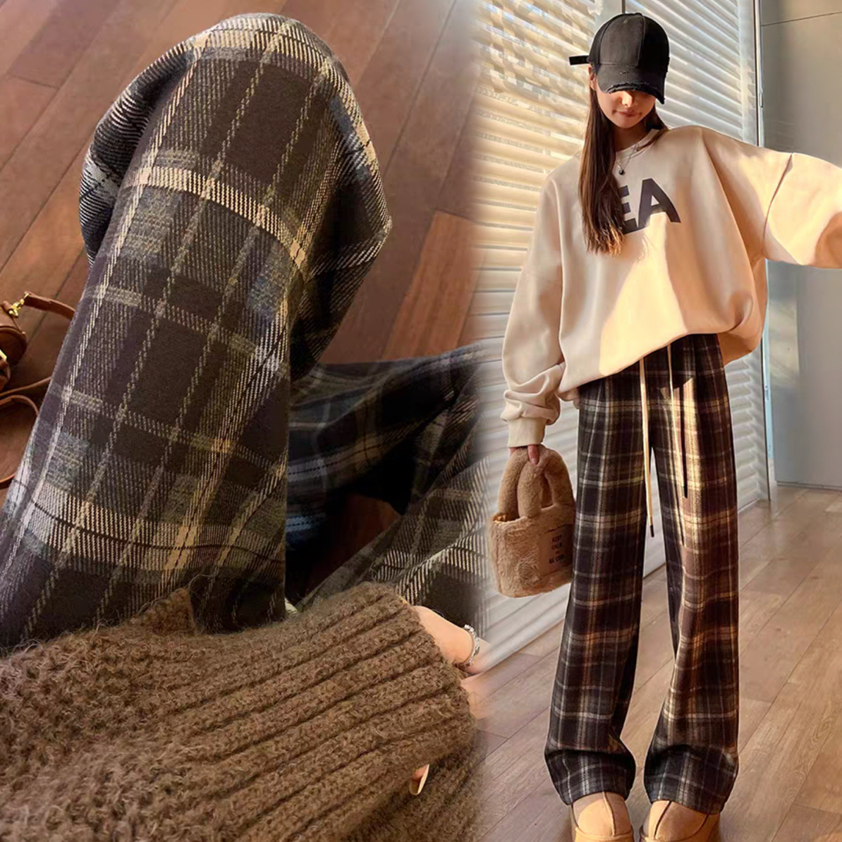 L654-3#11.22秋季孕妇外穿黑白格子宽松直筒复古休闲阔腿裤