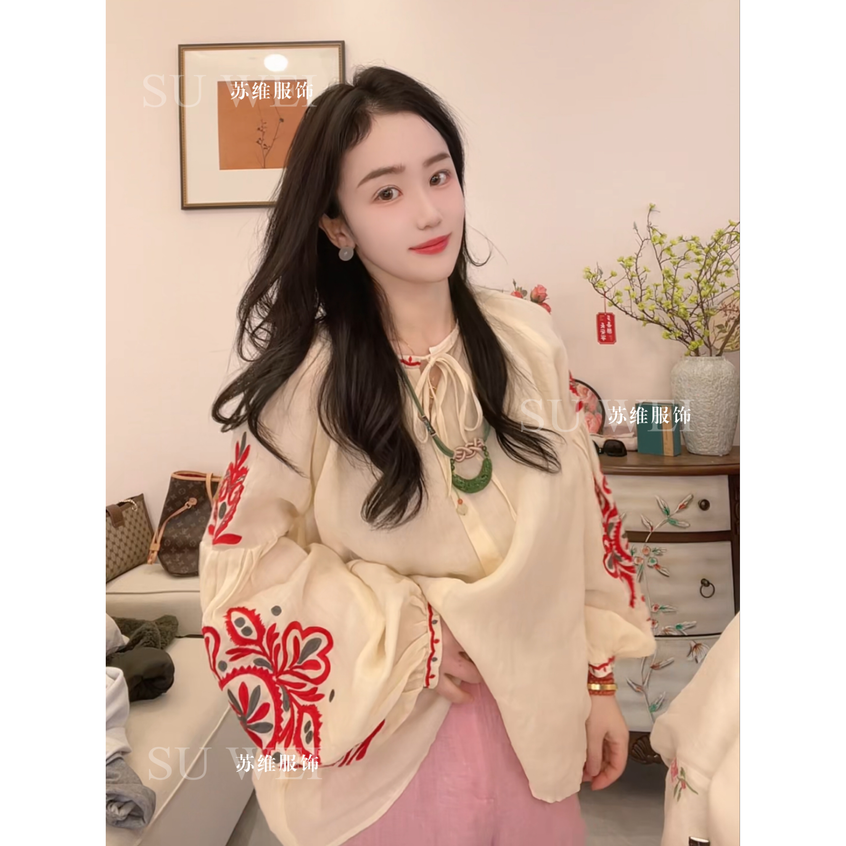 1801春夏中国风苎麻中式外套圆领秋冬衬衫系带立领网红绣花长袖