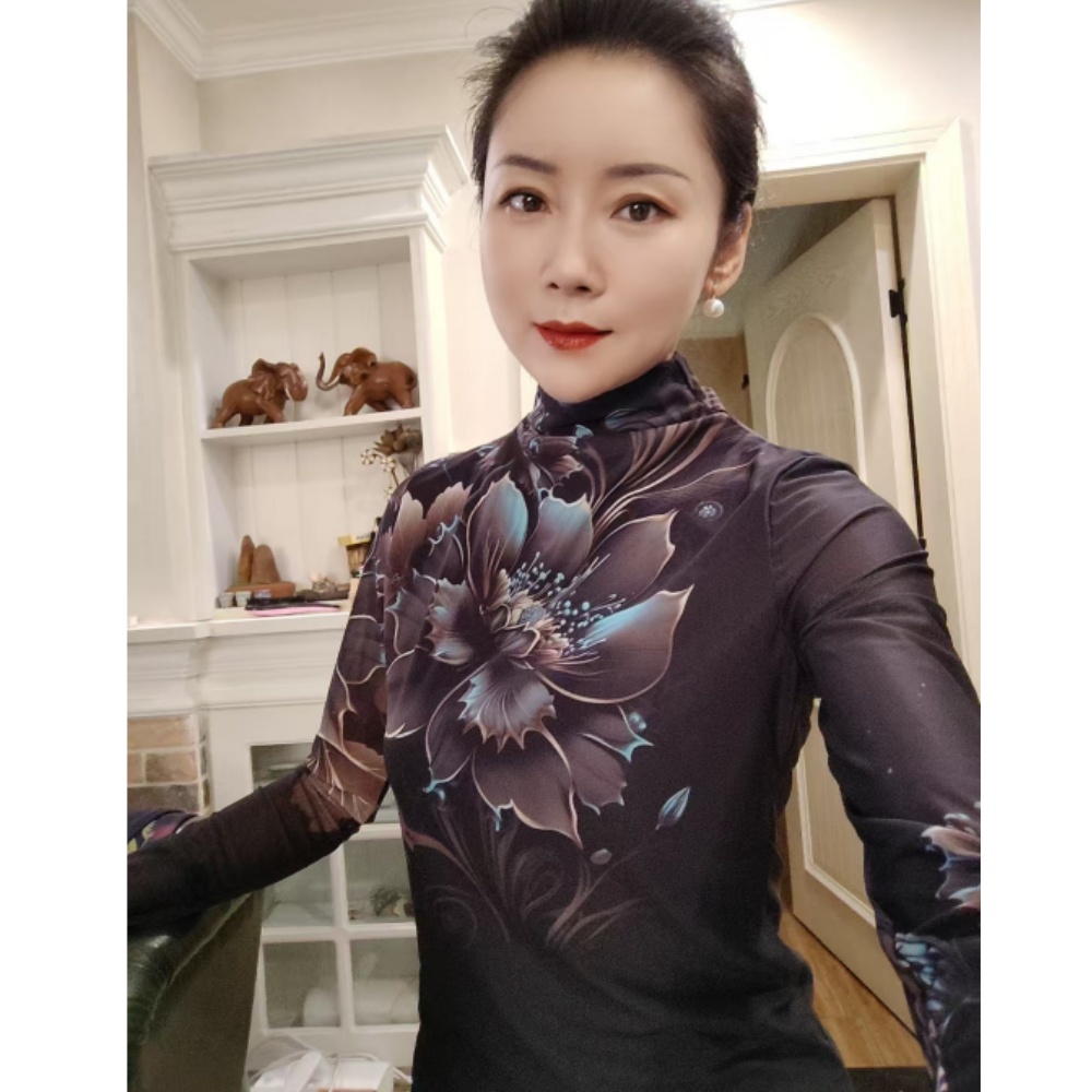 【自由鸟专属】印花高领修身网纱长袖T恤女2025年秋季新款百搭小衫