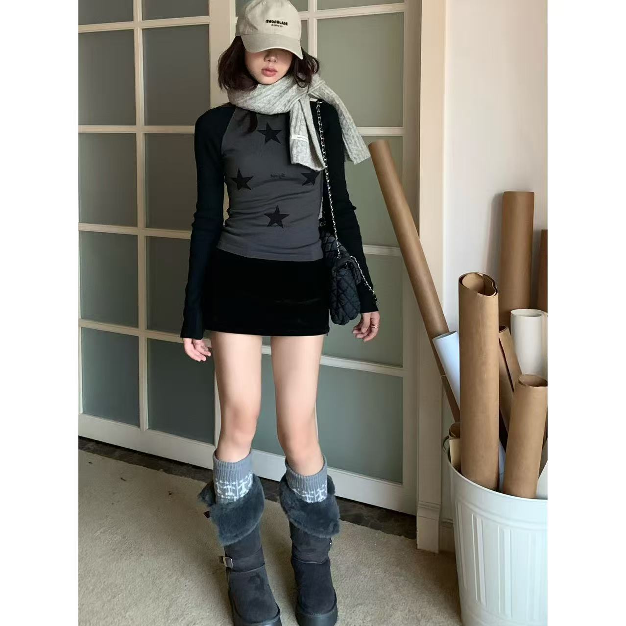 【星星印花打底】虎皮卷秋冬新款插肩袖显瘦针织衫内搭WZ2025009