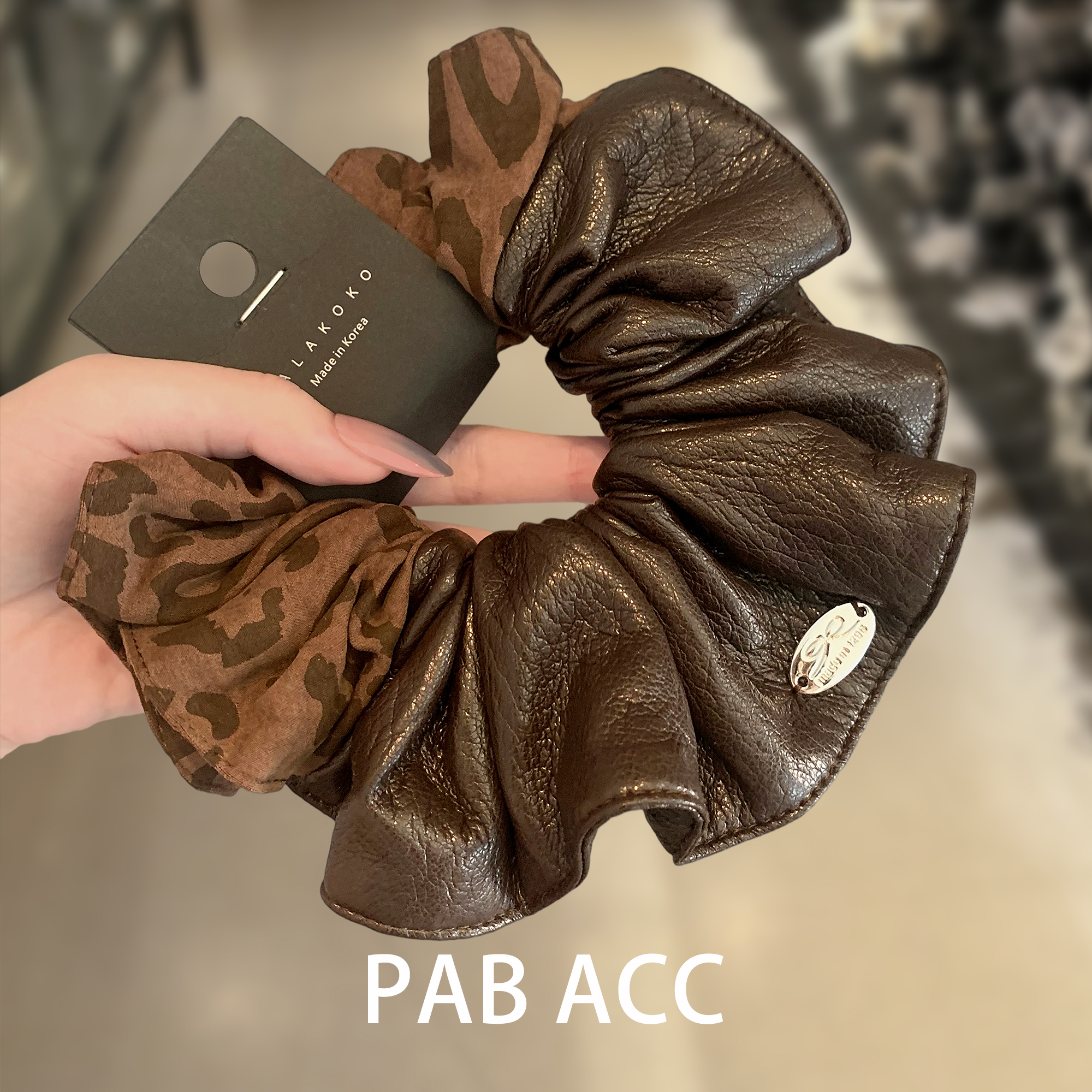 韩国优雅复古时髦摩登皮质豹纹大肠发圈拼色高级感扎马尾发绳皮筋