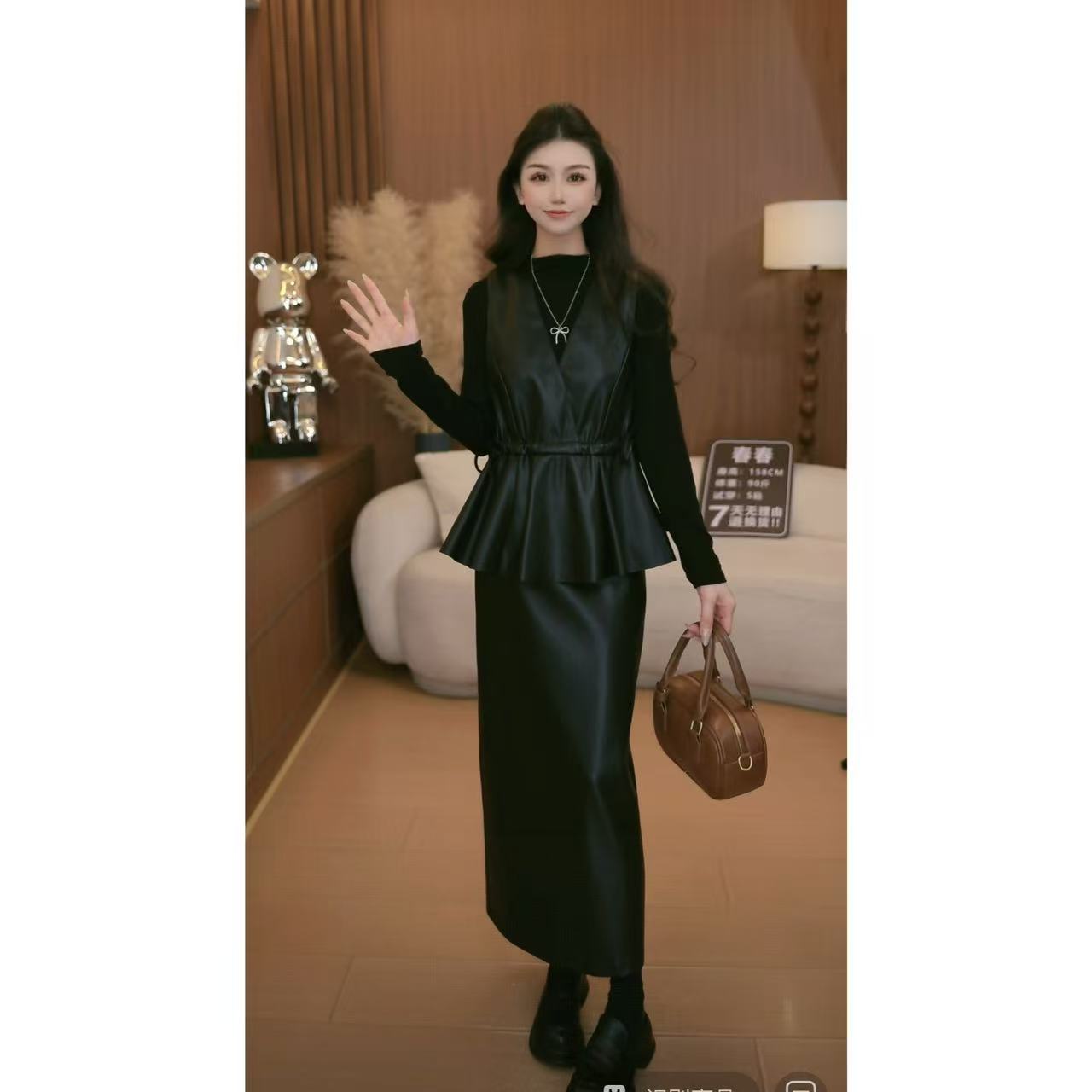 美式复古街头皮时尚套装女v领抽绳背心半身长裙套装