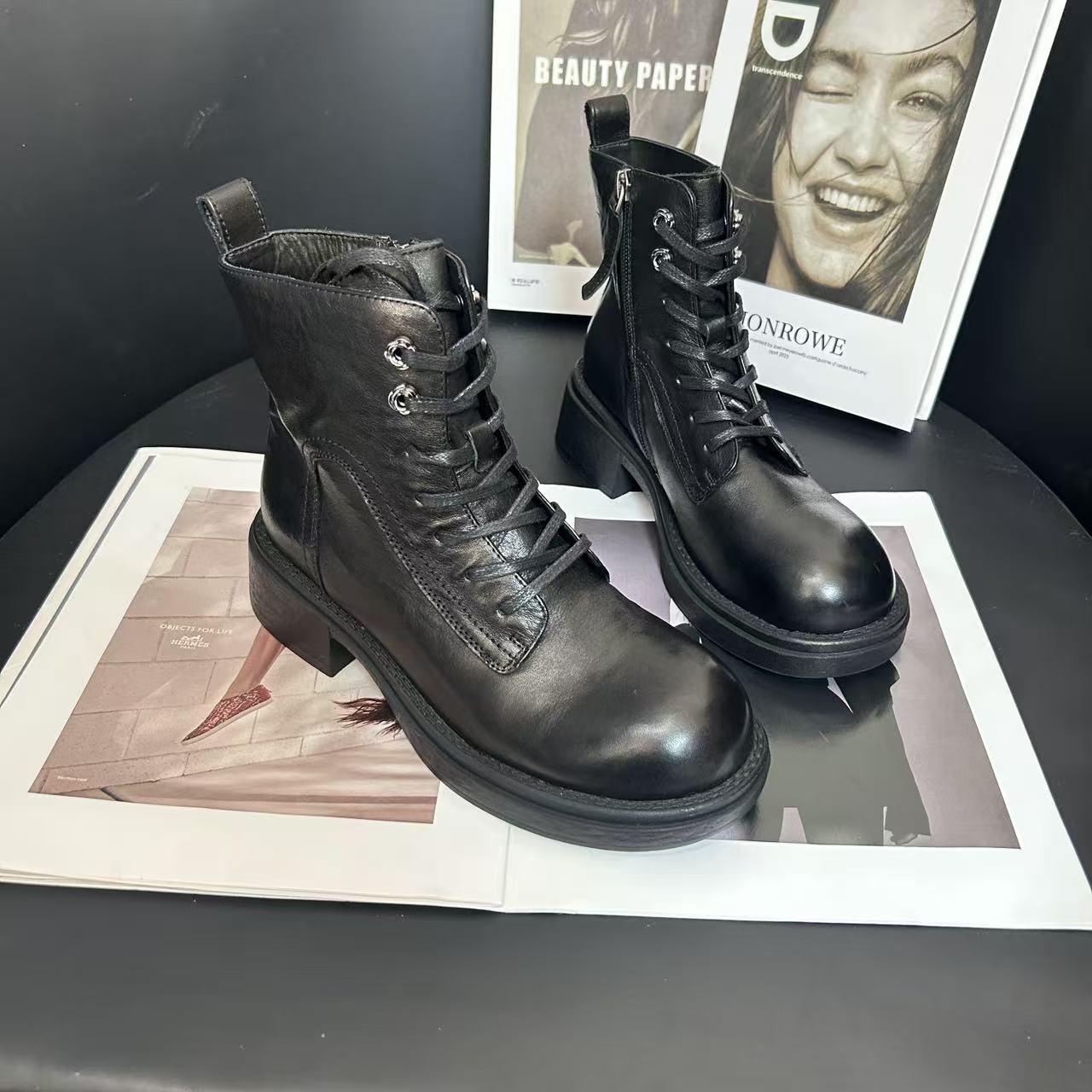 【撤柜断码】牛皮3公分/复古经典真皮短靴女鞋百搭时尚秋冬靴子7100