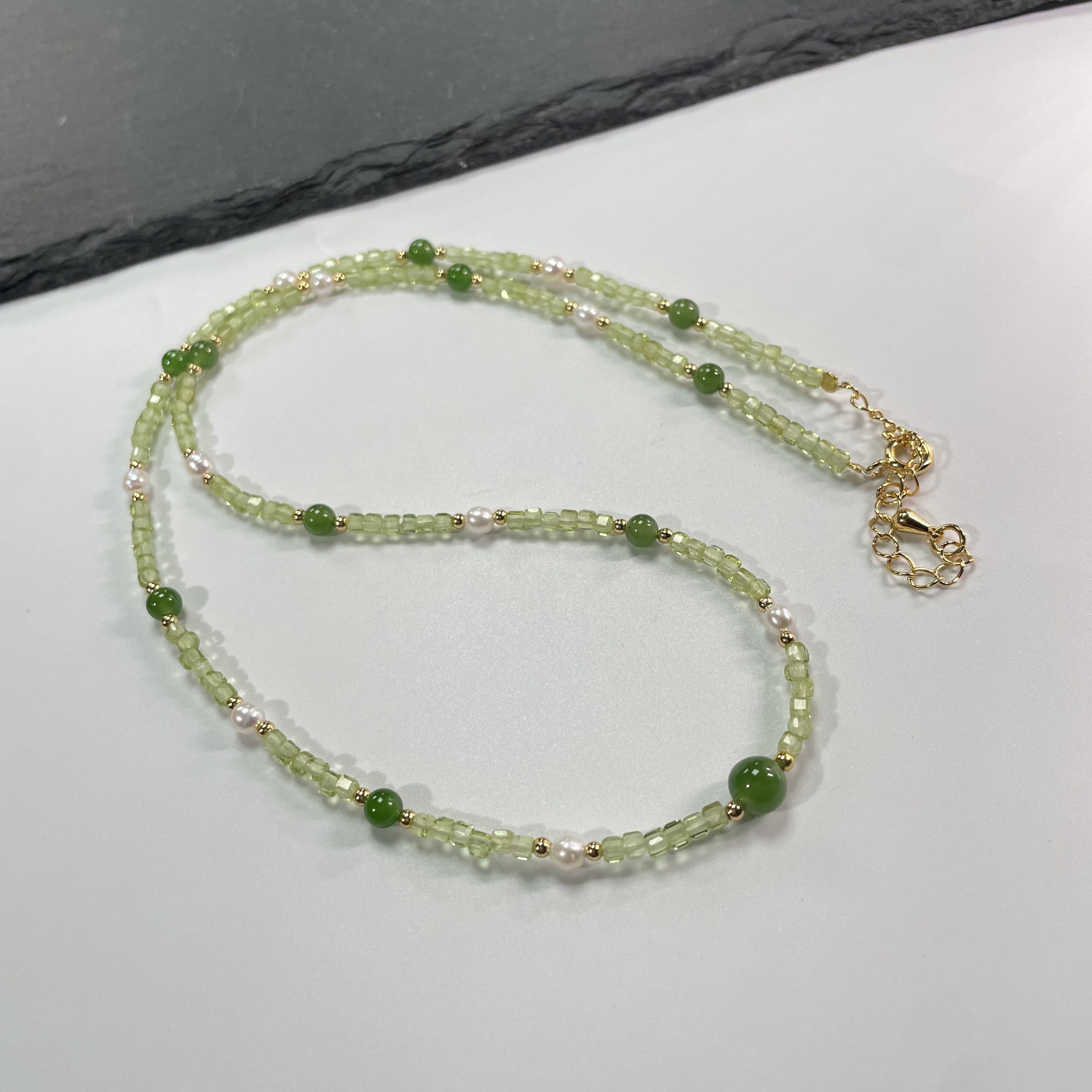 高色阶果绿碧玉橄榄石珍珠项链 KT25071127