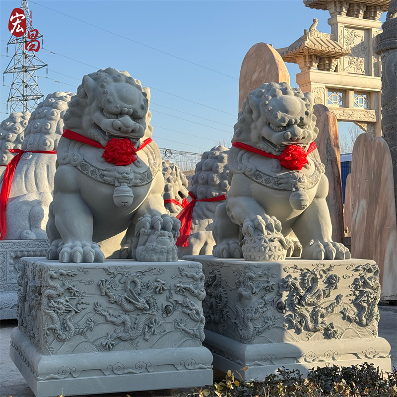 青石狮子一对2.2米高 九龙壁浮雕底座寺庙宗祠堂门口大型石雕摆件