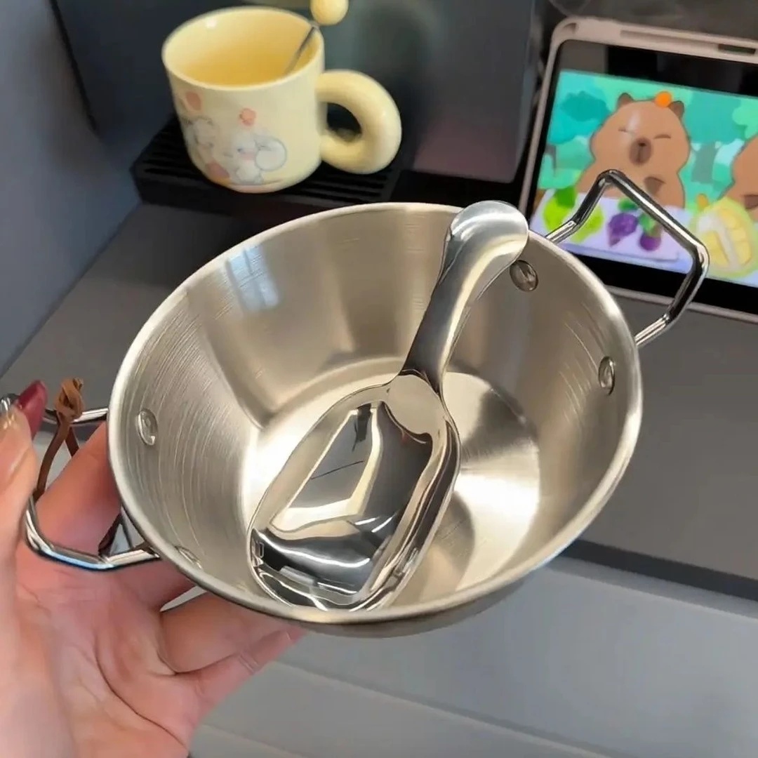 高颜值不锈钢碗简约双耳碗可喝汤嗦粉勺子精致早餐麦片米酒碗家用