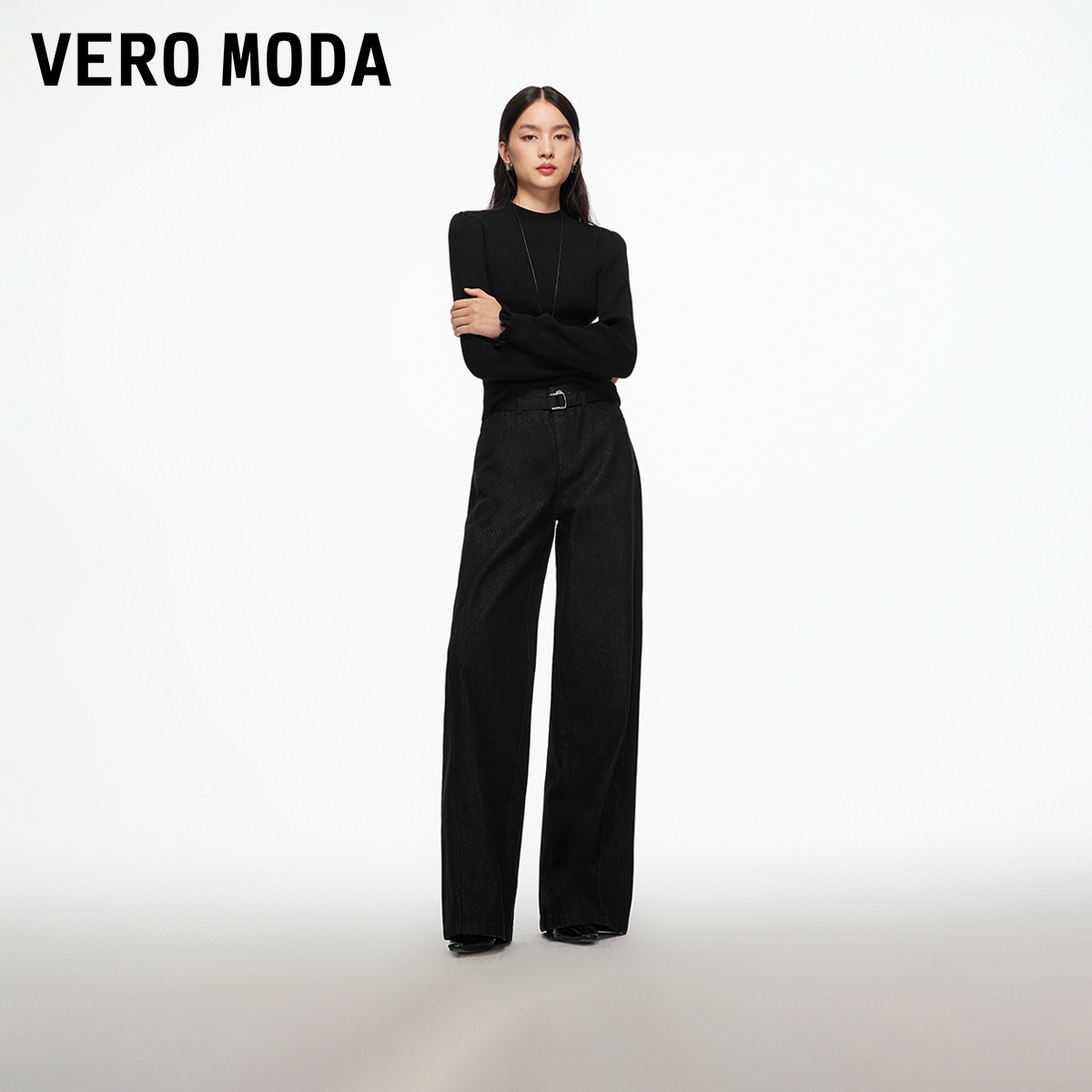 Vero Moda牛仔裤2025秋冬新款含棉微闪腰带宽松阔腿裤百搭流光风