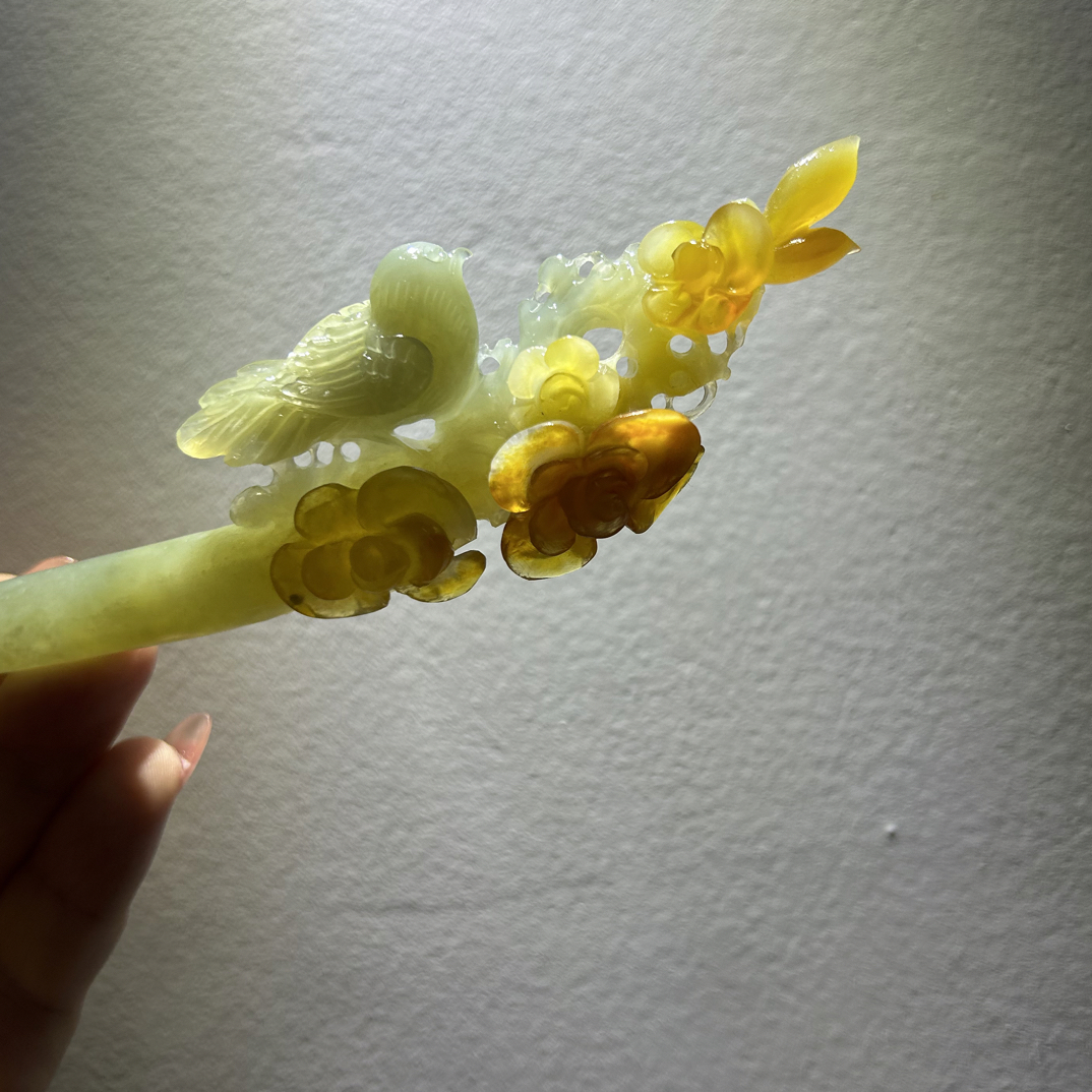 天然岫玉发簪 花玉 喜上眉梢