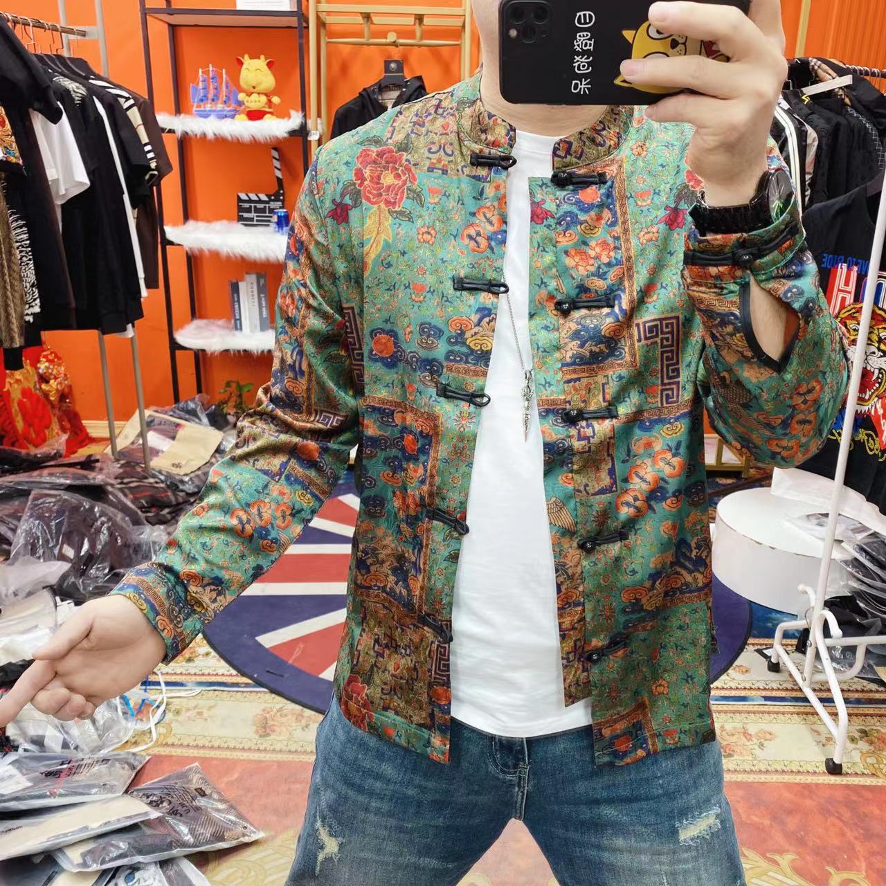 2024款男士春季新款唐装衬衣高档男款潮流打底衫立领花色衬衫002