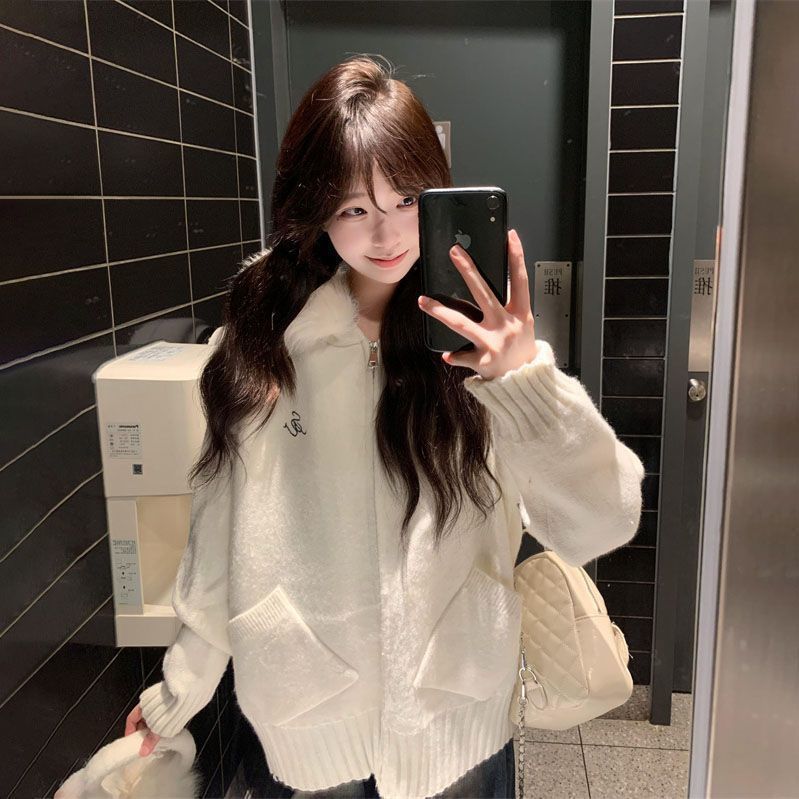 日韩时尚个性毛领连帽针织开衫女学生春秋慵懒风宽松百搭毛衣外套