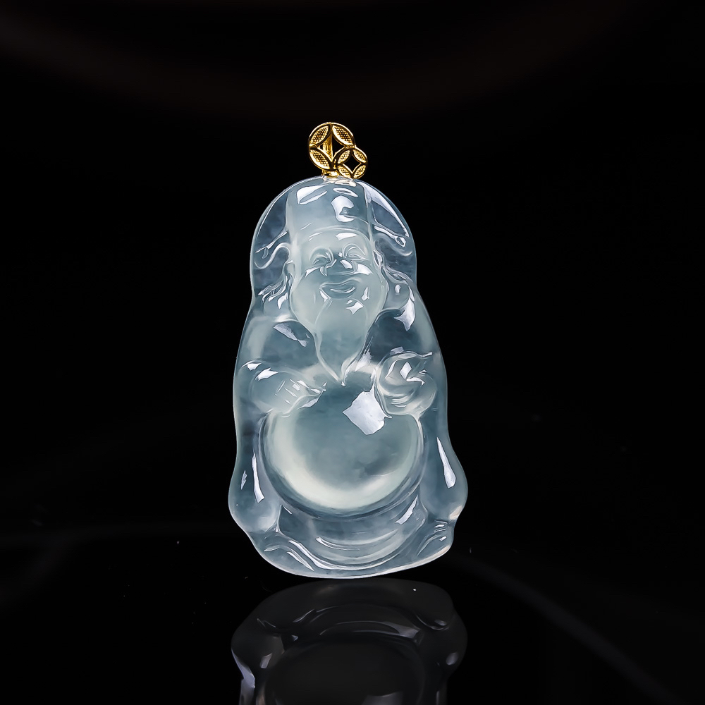 天然缅甸翡翠A货18k金冰财神 尺寸27-16-5.5mm