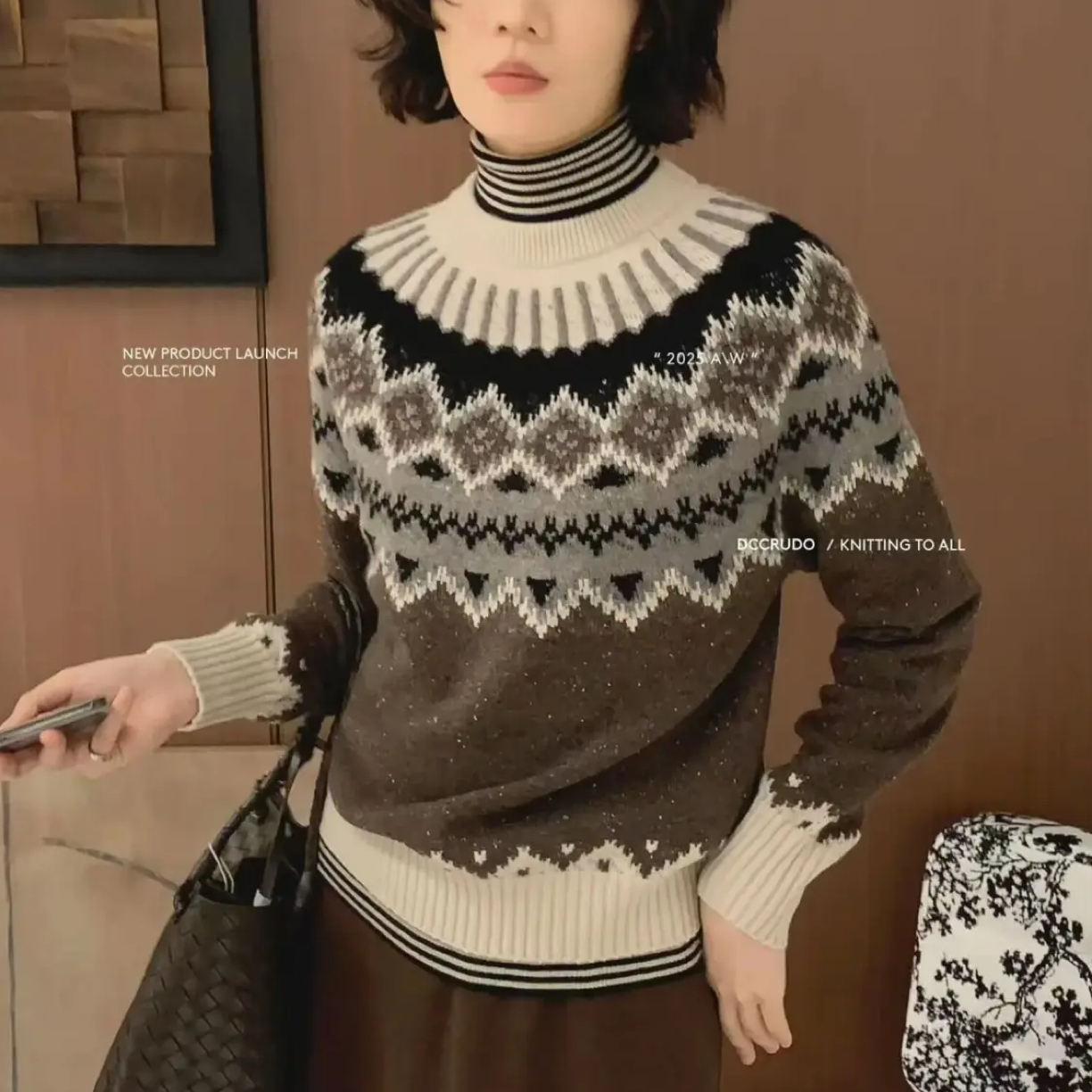 【宠粉专属】旦可韵秋冬新款费尔岛风格宽松圆领高山极细山羊绒上衣