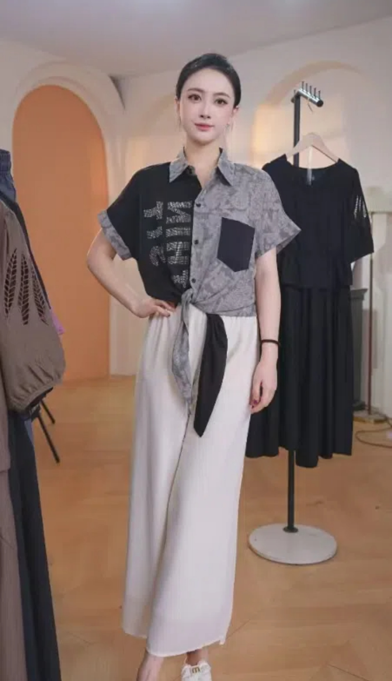 F时尚翻领拼接下摆系带短袖衬衣夏季新款Z宽松显瘦装减龄衬衫