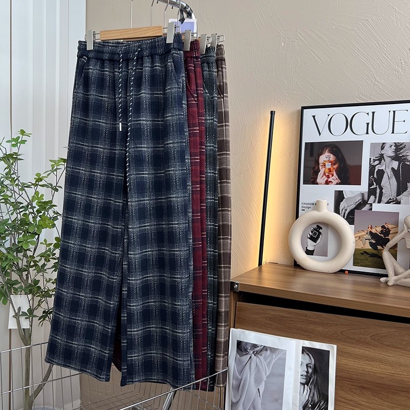 加绒版高腰长裤格子高弹力通勤风常规款秋季休闲裤秋冬2025新款
