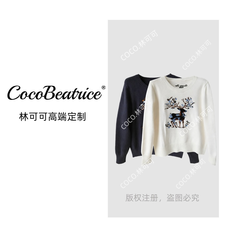 【COCO林可可】圆领麋鹿刺绣针织上衣韩系毛衣女重工羊毛衫 BX458