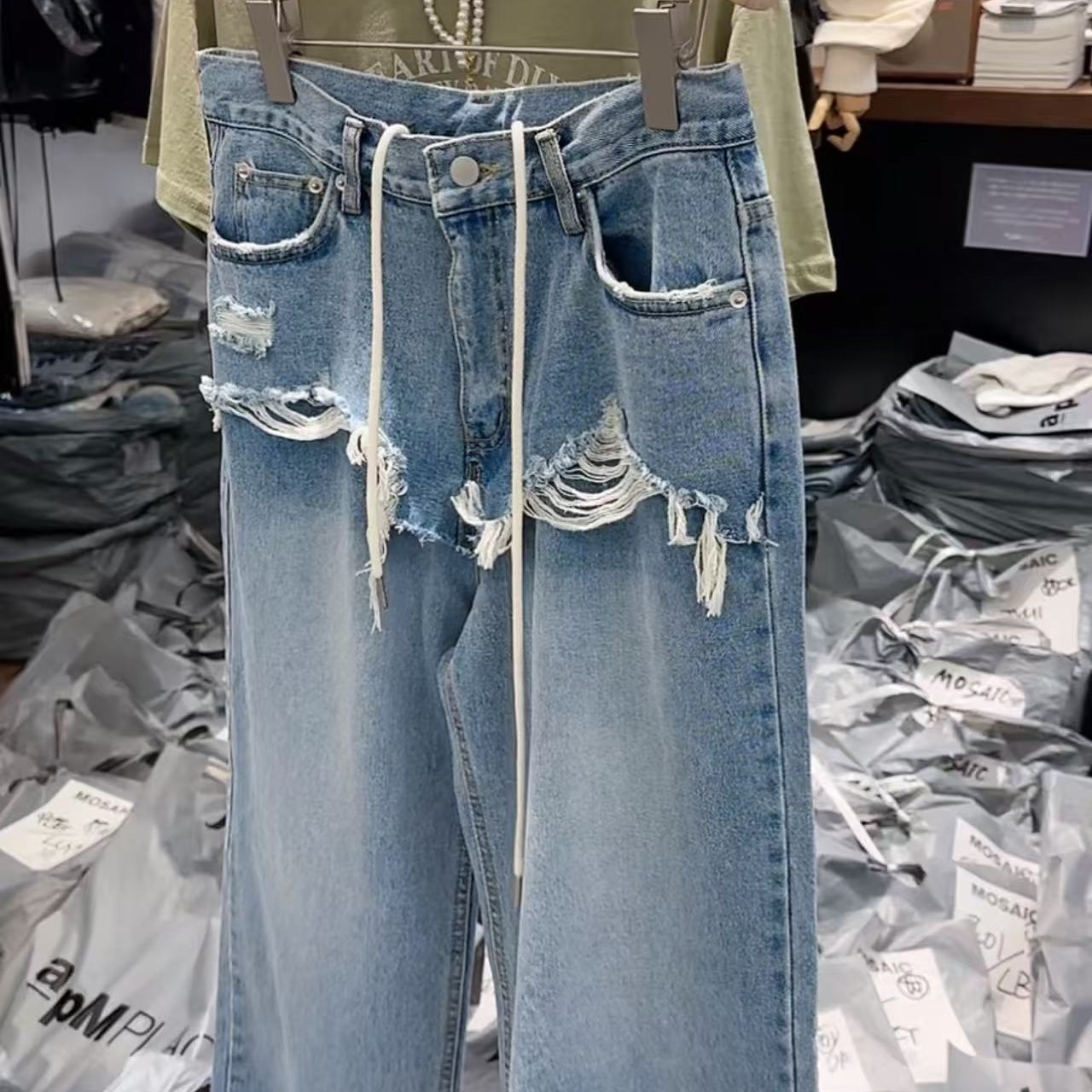 东大门假两件设计高腰显瘦磨毛阔腿牛仔裤女春夏新款