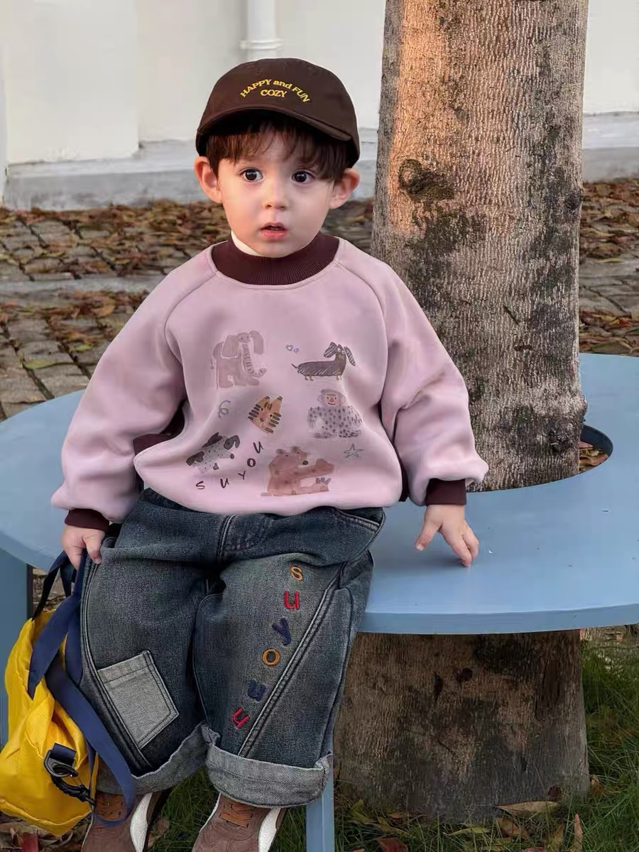 男童卫衣儿童秋冬装2025新款圆领印花保暖打底衫女宝宝休闲上衣潮