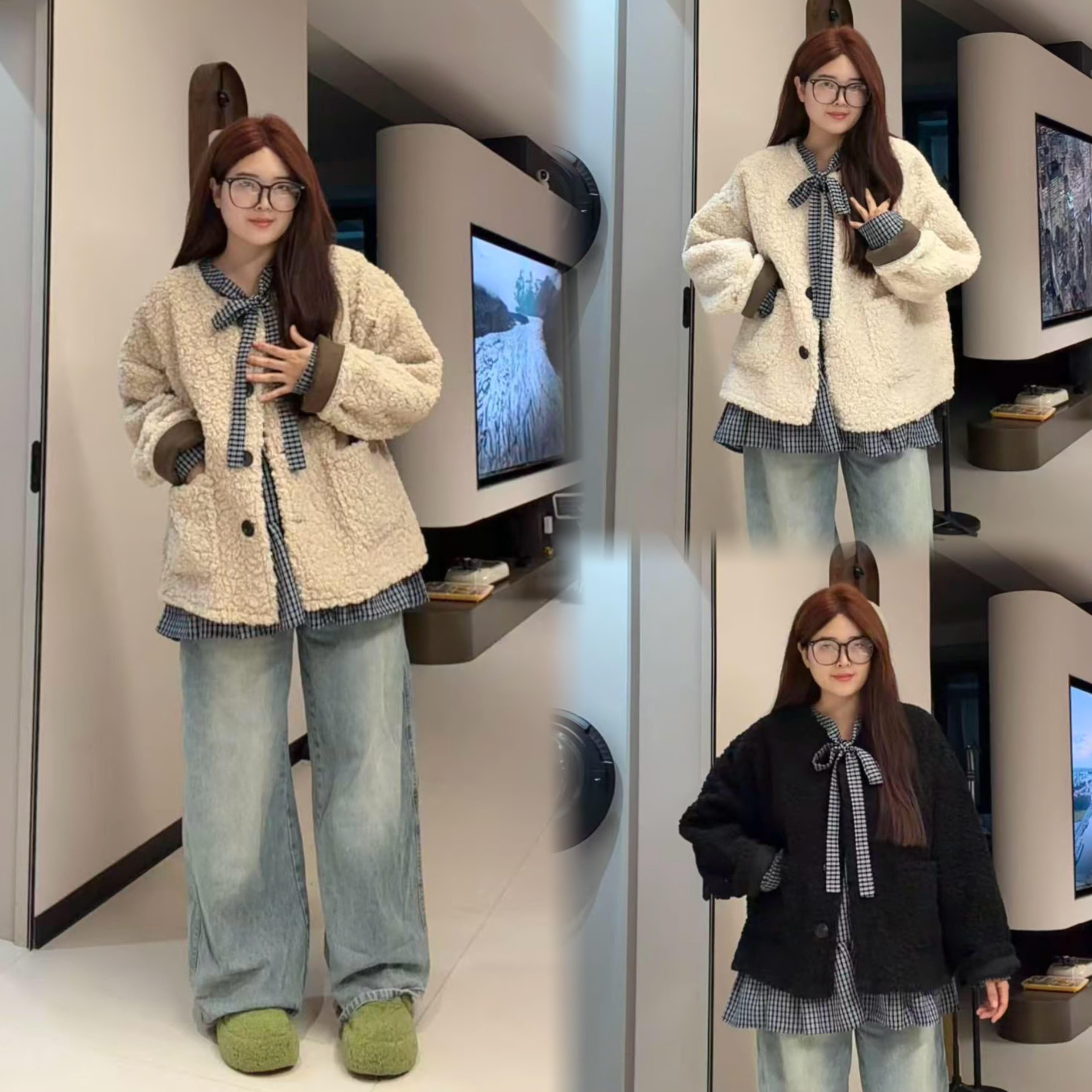 新款大码慵懒风皮毛一体中长款外套复古格子衬衫叠穿通勤两件套