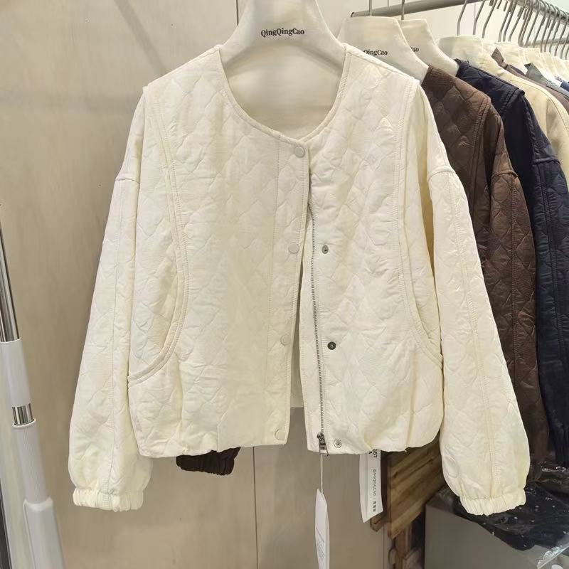  2025圆领拼接菱格绗线夹棉棉服外套早冬季新款休闲时尚女士
