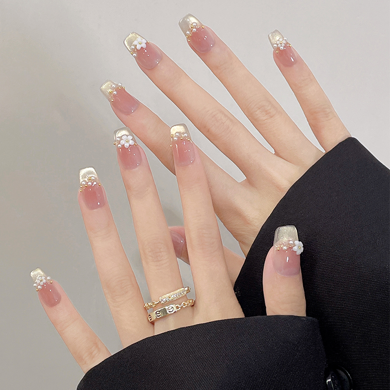 米哩米手工穿戴美甲法式短款猫眼显白温柔气质立体小花春暖花开