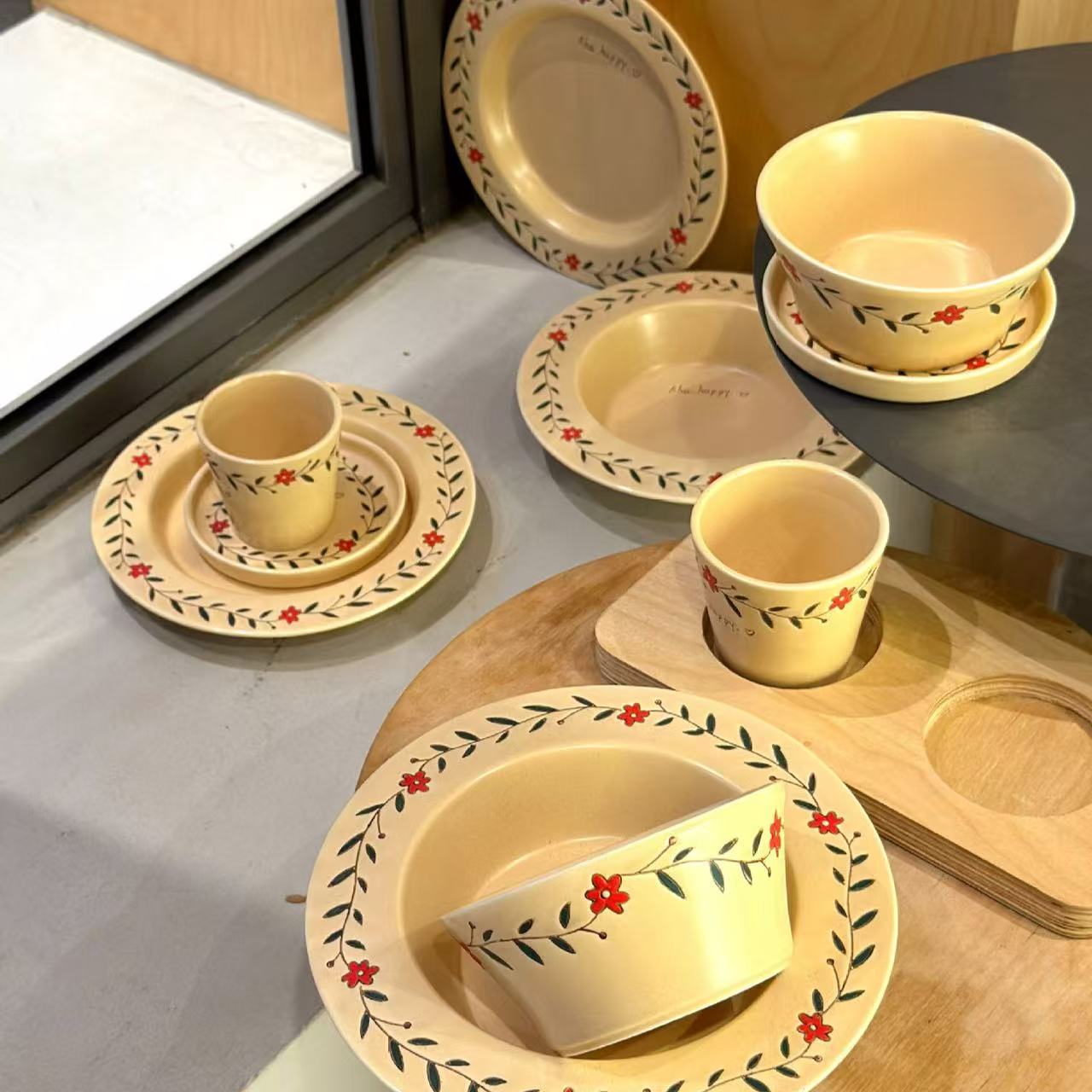 Aha小花系列复古哑光釉下彩手绘小花陶瓷餐具咖啡杯碟意面甜品碗