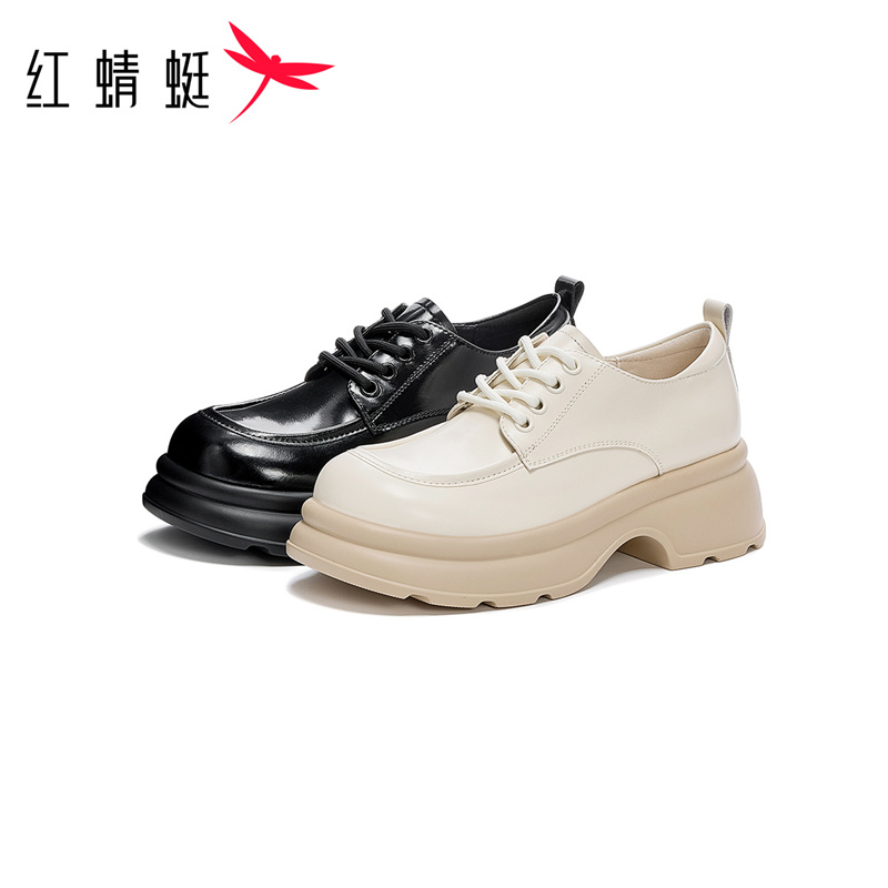 红蜻蜓女士春季高跟舒适简约系带百搭复古时尚套脚圆头厚底乐福鞋
