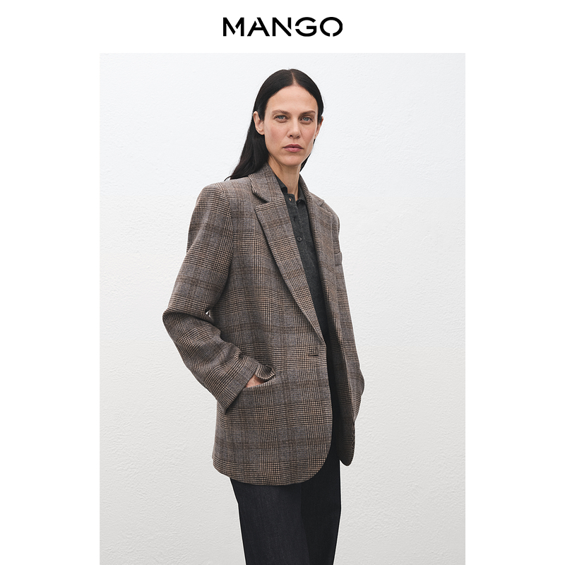 MANGO女装西装2025冬装新款通勤复古羊毛混纺格纹印花西装外套