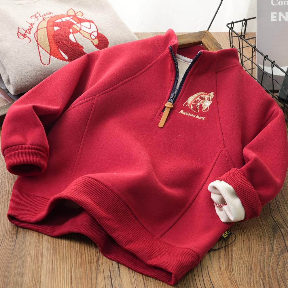 新年儿童开领马年刺绣加绒卫衣中大童冬季立领拜年服3076