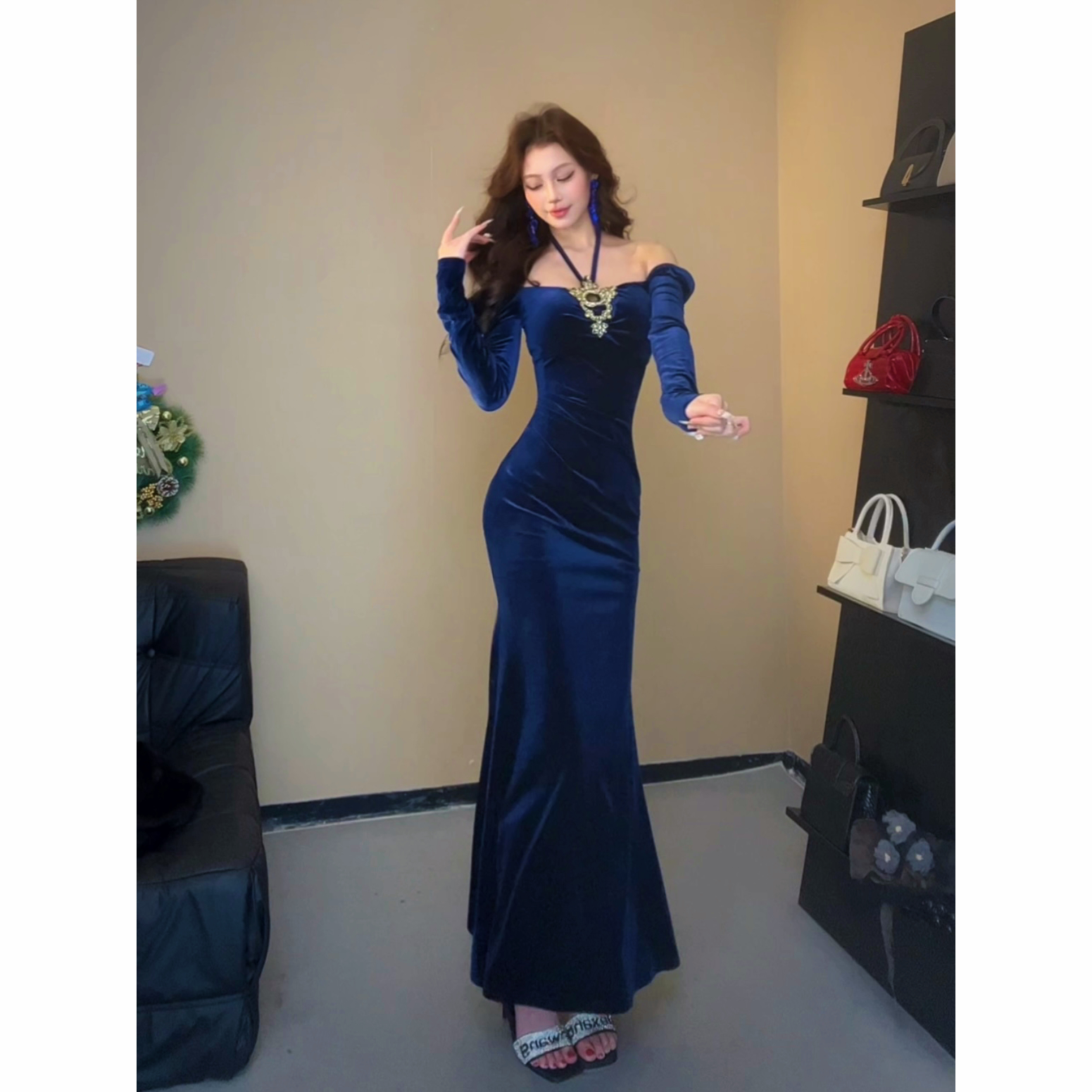 小莹日记【伯爵夫人】长袖气质蓝色复古修身法式连衣裙SZYHZ407747