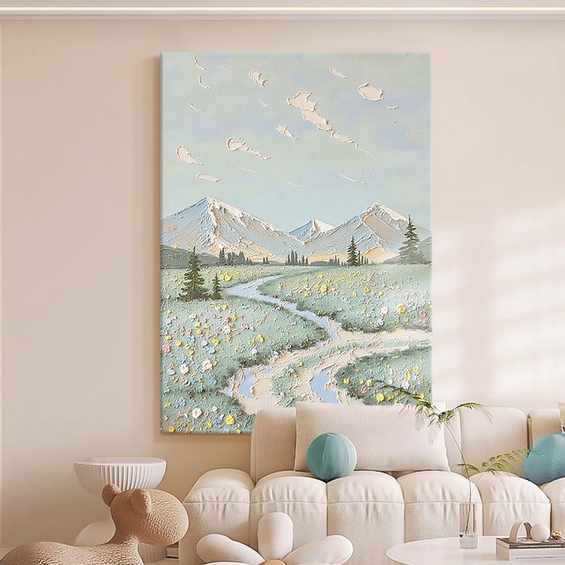 高山流水风景玄关肌理挂画奶油风纯手绘油画客厅石英砂丙烯装饰画
