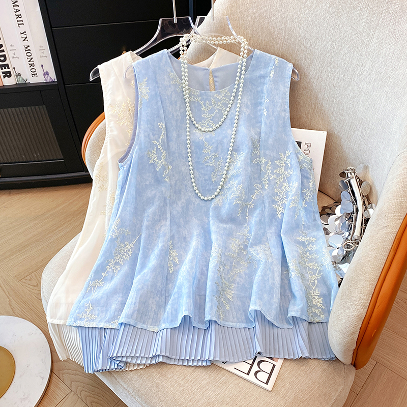 国风百褶马甲女2025夏季新款拼接刺绣宽松背心上衣