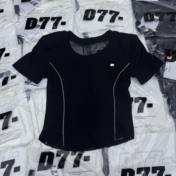 圆领拼接修身女款短短袖透背垫肩休闲夏季T恤1122