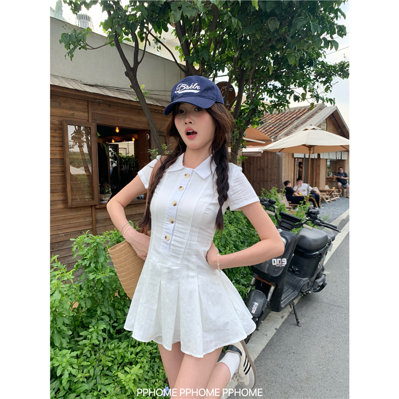 PPHOME自制~少女学院风竖纹肌理感衬衫连衣裙百褶裙短裙子夏季
