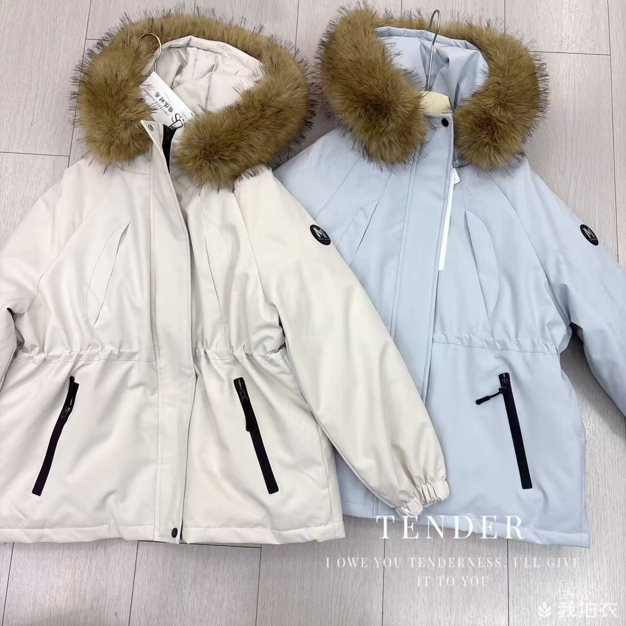 KJ2563毛领工装中长款收腰棉服外套上衣