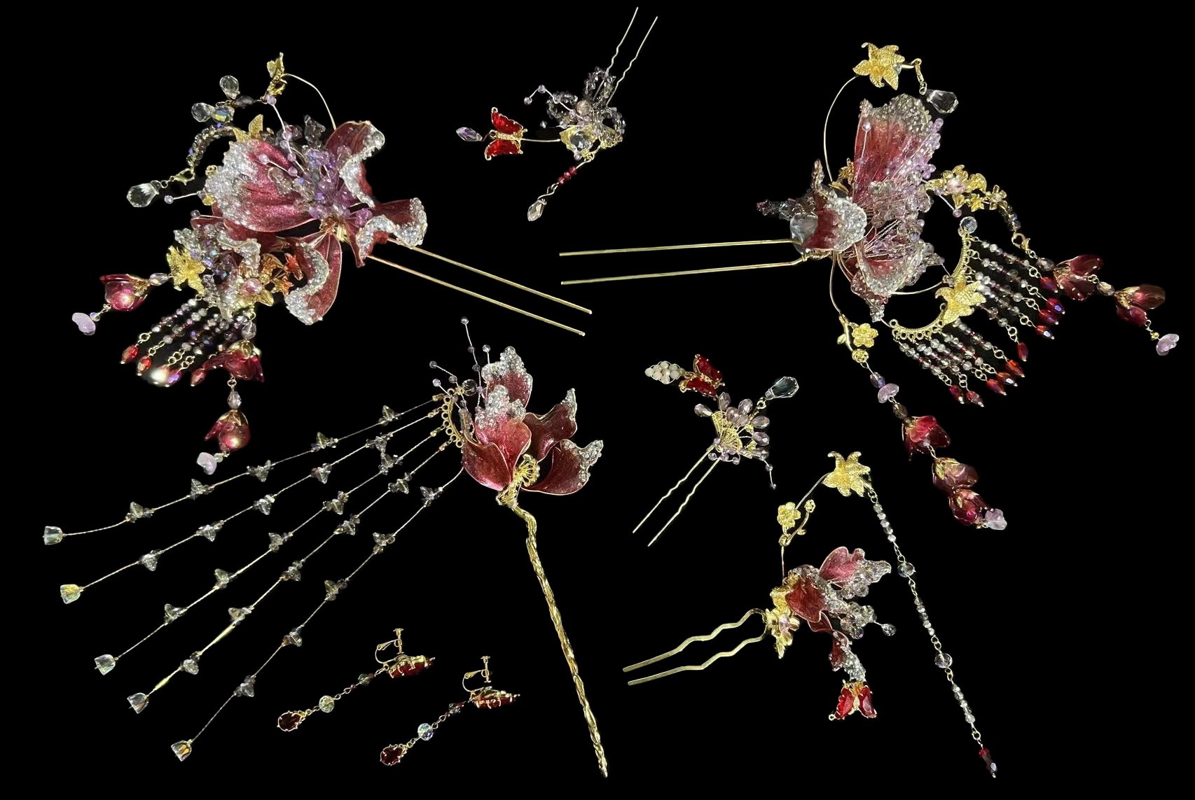 鹿鹿设计款《雪落朱樱》新娘头饰复古簪子婚礼宫廷精美结婚气质0214