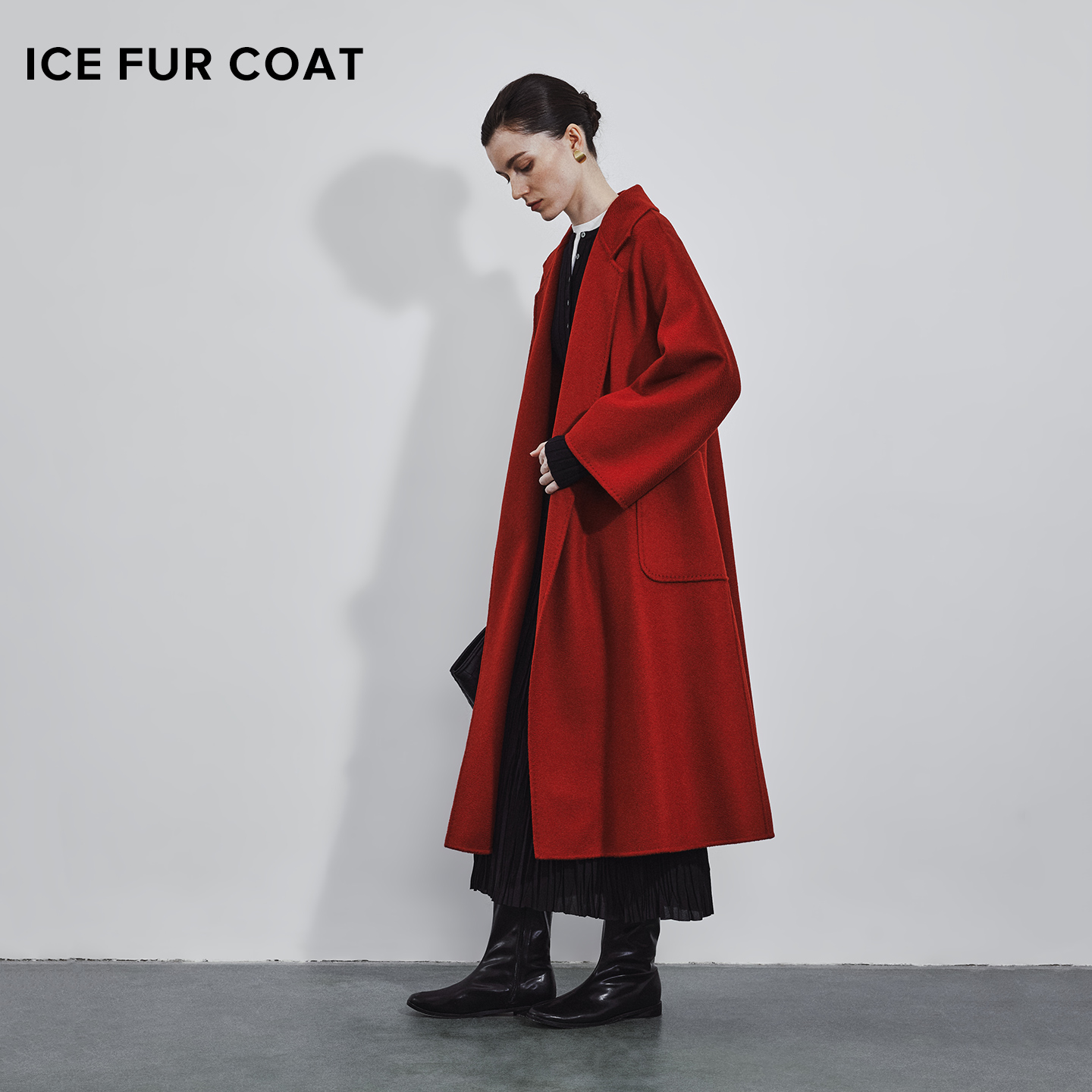 ICEFURCOAT经典labbro水波纹浴袍款系带宽松羊绒大衣长款