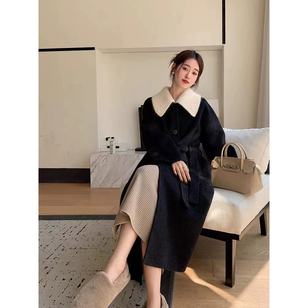 冬季大码新款889813韩版宽松显瘦长款大衣女双面绒毛呢外套