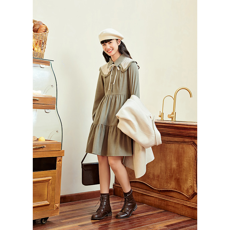 紫涵披肩连衣裙秋冬风高腰衬衫式A子中长裙子Z3Z10BS241