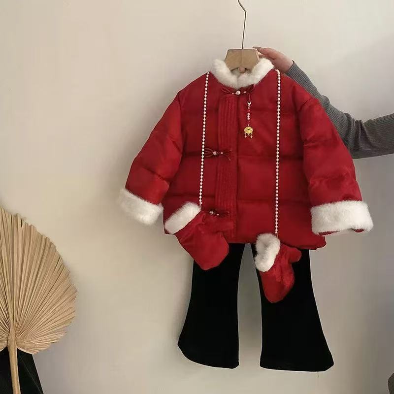 2025冬季新款女童加绒加棉国风韩版毛领棉服外套