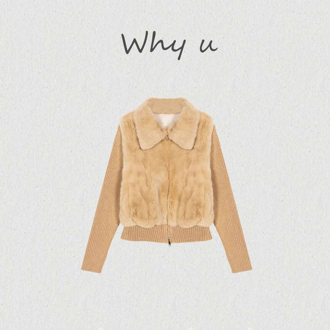 WHY U-25AW冬季奶芙翻领獭兔毛针织拼接外套【熏香】