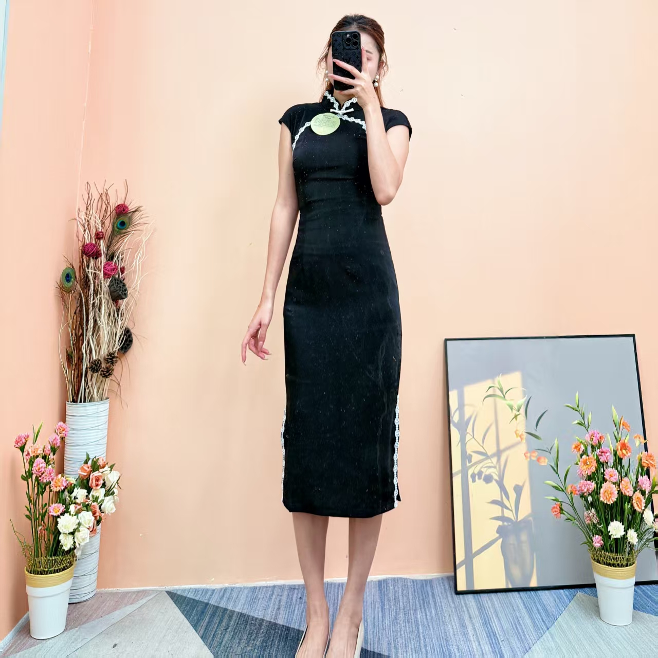 [依易原创]新中式气质缎面蕾丝刺绣修身侧开叉改良旗袍裙E1105