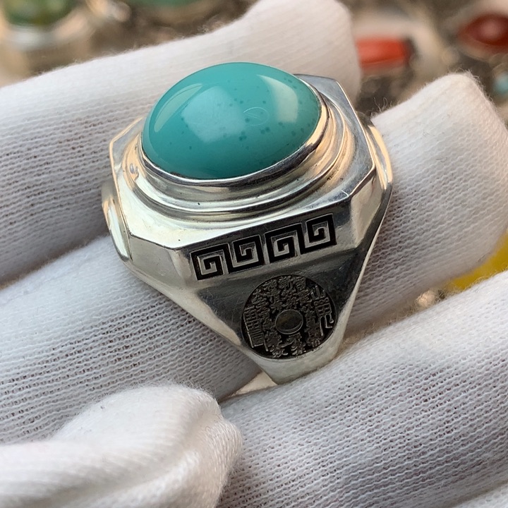 绿松石戒指足银镶嵌柒*爹