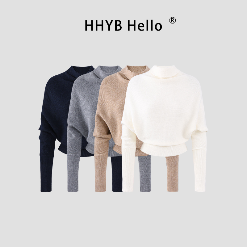 HHYB Hello新款蝙蝠袖法式松弛堆堆领上衣收腰百搭毛衣女M1621
