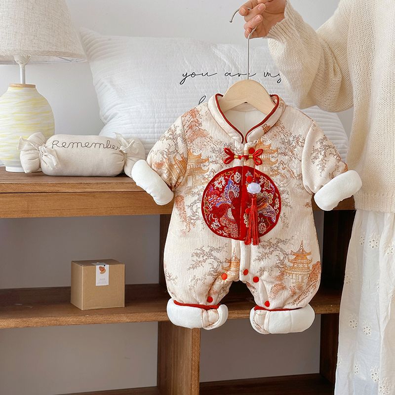 婴儿秋冬季新款中国风衣服加厚福利园山水画加绒加厚新中式连体衣