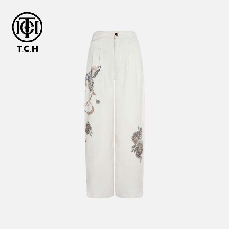 TCH私服秋季氛围感烫钻时尚淑女百搭白色长裤T75C20E1167轻奢tch