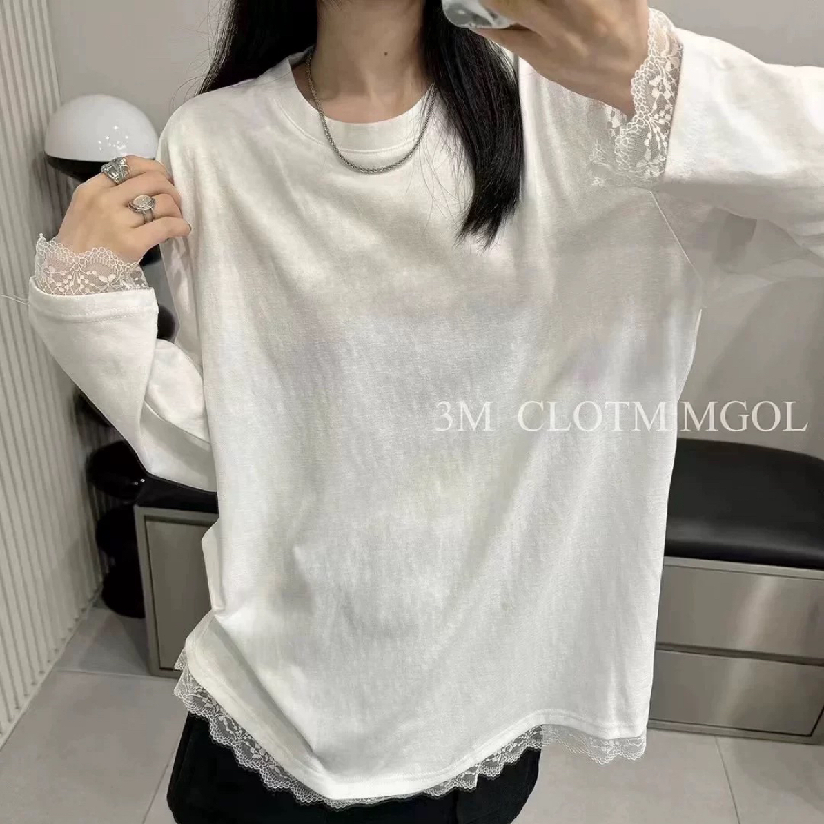 〔早春百搭蕾丝拼接T〕欧货早春新款时尚洋气蕾丝拼接中长款T恤
