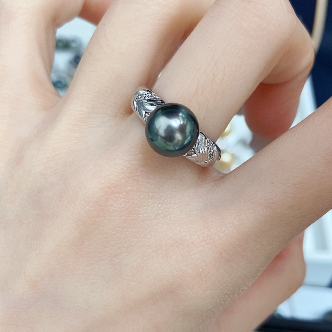 银S925镶嵌戒圈海水珍珠孔雀绿戒指 冬至快乐