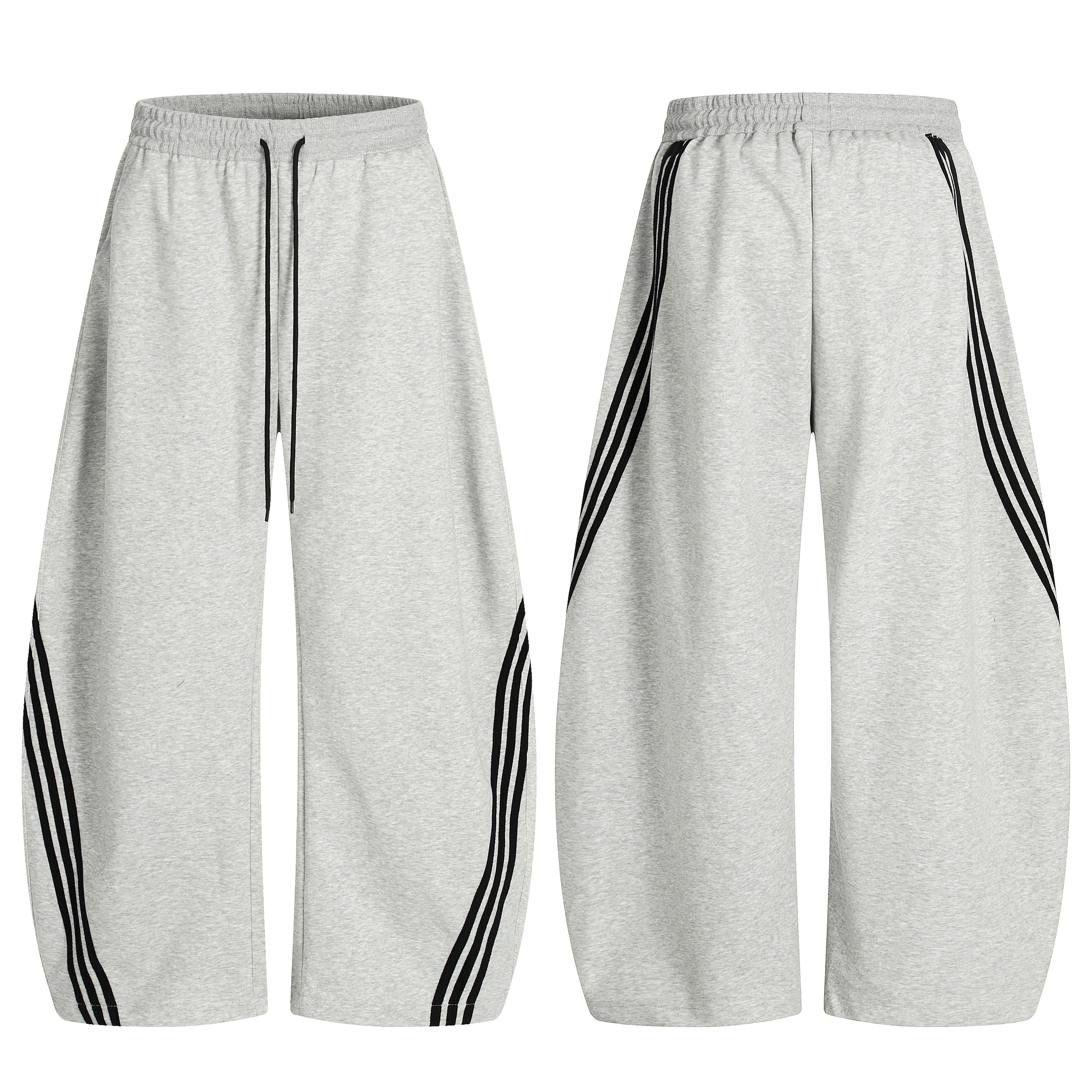 RKAI美式复古三条杠阔腿弯刀卫裤男女重磅宽松休闲百搭运动长裤潮