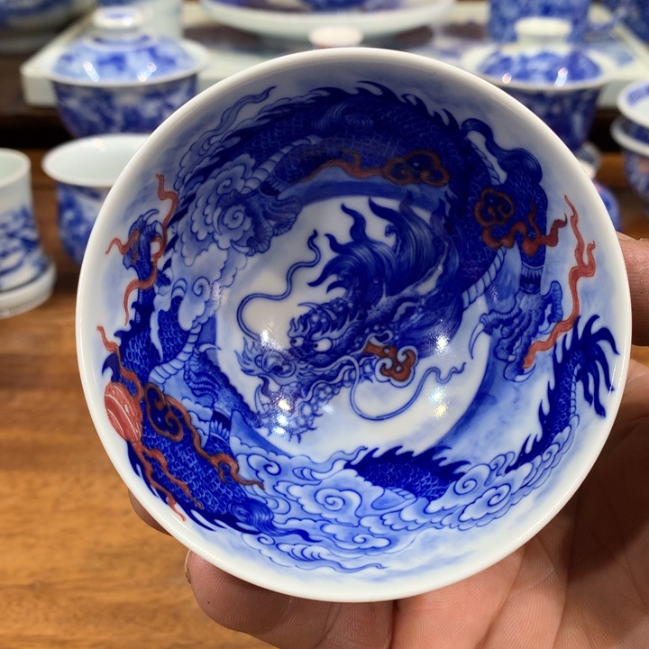 自成堂柴窑青花双龙杯