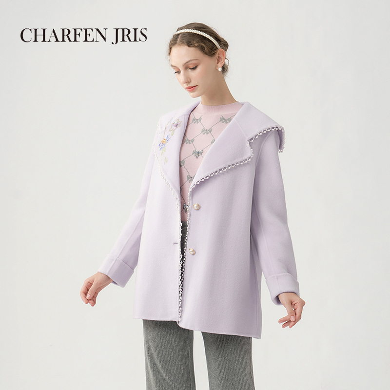 【达人专属】朝峰冬季新款宽松钉珠大翻领双面呢大衣FJE5D651-6065V